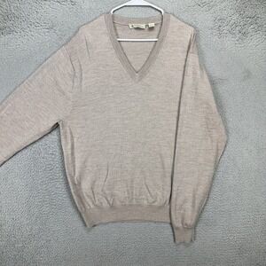 Donald Ross Mens V-Neck Sweater Large Light Tan Pullover Long Sleeve Merino Wool
